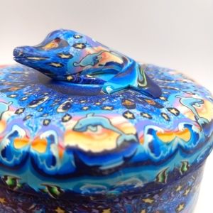 Unique blue velveteen lined dolphin tin trinket box